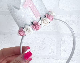 Glitter Birthday Crown on Alice Band: Floral Party Hat