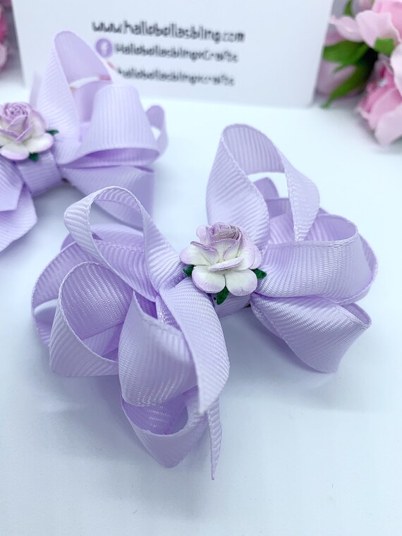 Lilac Ribbon Hair Bows With Flower - 3