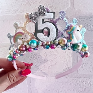 Unicorn Birthday Crown: Rainbow Pearl Tiara, Party Headband