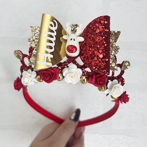 Christmas personalised tiara crown, gold and red tiara crown on Alice band headband, reindeer bow, party props, girl gifts
