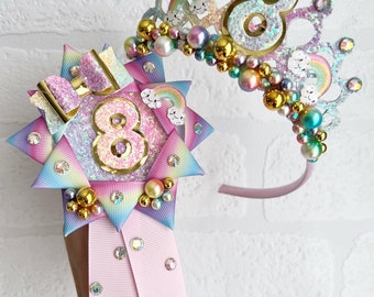 Corona de cumpleaños arcoíris: Perlas doradas, arcoíris de resina, tiara de fiesta