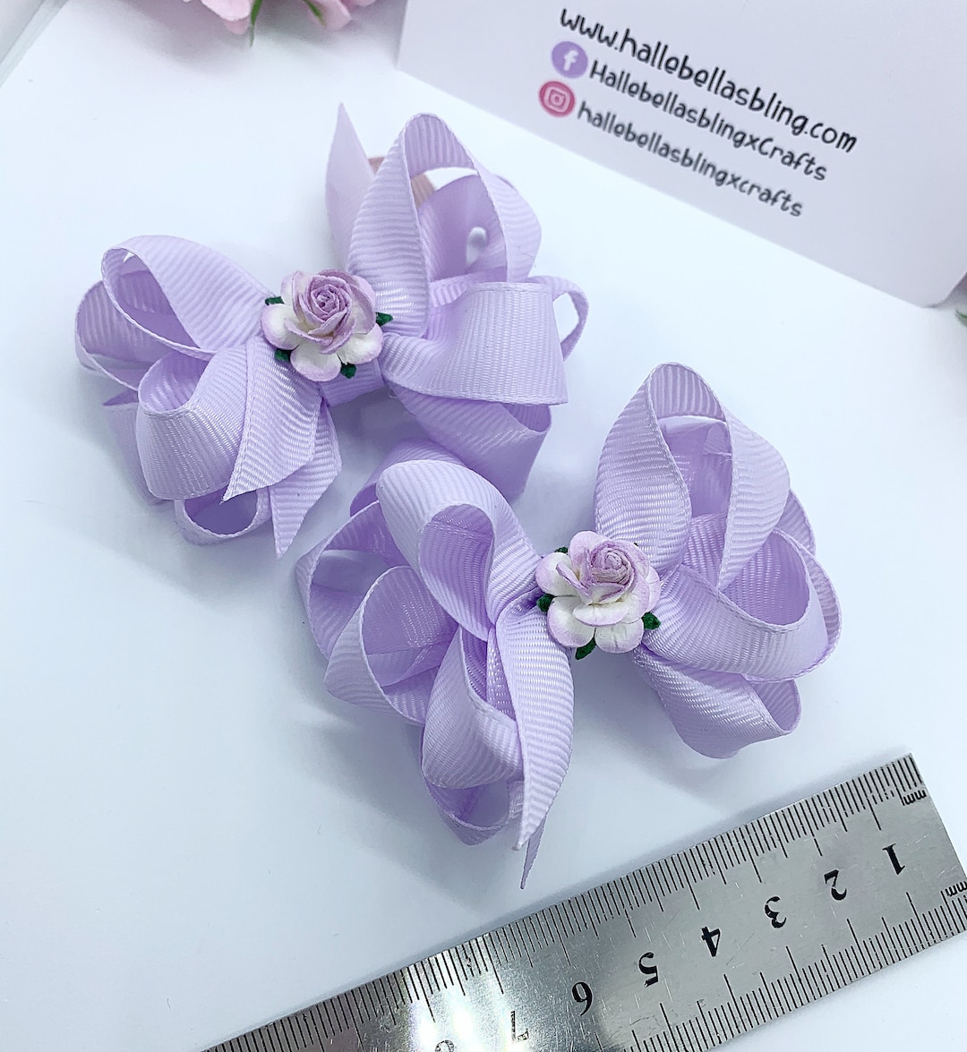 Lilac Ribbon Hair Bows With Flower - 3