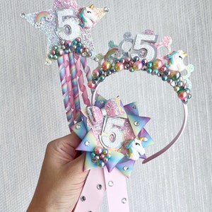 Unicorn rainbow Birthday crown tiara, any other age tiara Alice band headband, party props, girl gifts