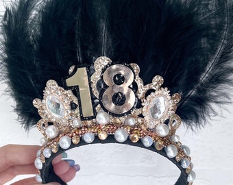 Birthday tiara crown, black burlesque tiaras age 30, 40, 50, 60 birthday tiara, glitter birthday tiara, age birthday tiara, gifts for 30th,