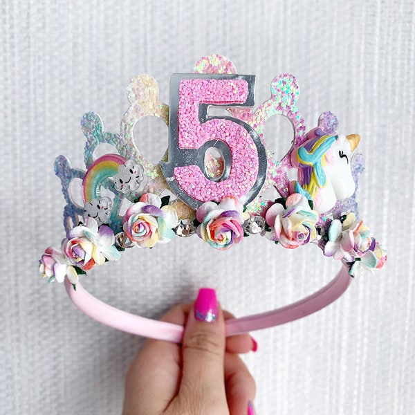 Corona de tiara de cumpleaños de unicornio, tiara de princesa arco iris, corona de cumpleaños arco iris, tiara de cumpleaños, tiara para niños, corona de cumpleaños de niñas