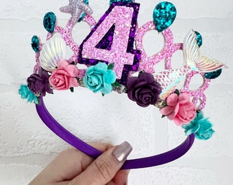 Diadème de couronne d'anniversaire de sirène, diadème de sirène, bandeau Alice, accessoires de fête, cadeaux pour filles