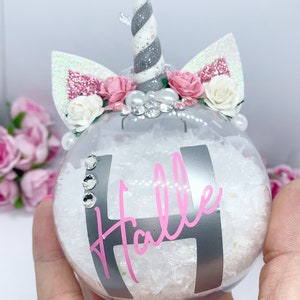 Personalized Unicorn Christmas Bauble: Glitter Snow, Shatterproof Plastic