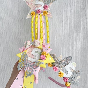 Butterfly Birthday Crown and Wand Set: Glitter Fabric Tiara, Party Props