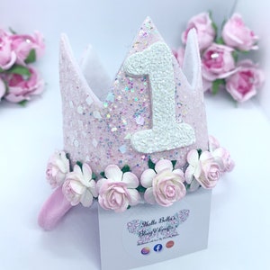 Pink Glitter 1st Birthday Crown: Floral Cake Smash Party Hat