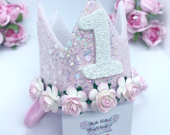 Pink Glitter 1st Birthday Crown: Floral Cake Smash Party Hat