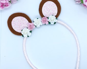 Teddy Bear Ears Headband: Pink & White Floral Alice Band