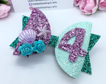 Stunning mermaid birthday hair bow, Birthday bow,  4.5 inch bow, age hair clip, girls baby toddler hair bow, Birthday props, baby headband