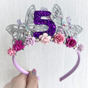 Butterfly Birthday Tiara: Glitter Fabric Crown with Flowers