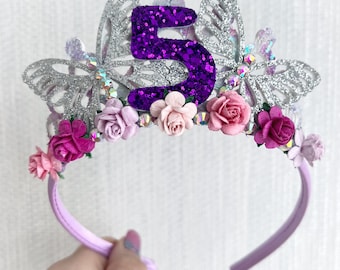 Butterfly Birthday Tiara: Glitter Fabric Crown with Flowers