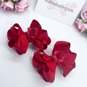 Red Ribbon Hair Bows with Flower: Girl Hair Accessories