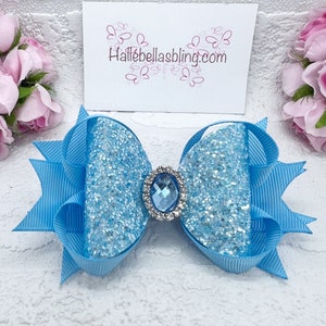 Baby Blue Glitter Hair Bow: Gem Embellished Ribbon Clip