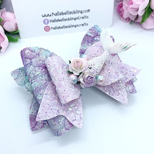 Lilac Mermaid Hair Bow: Sparkly Glitter, Pearl Embellishments