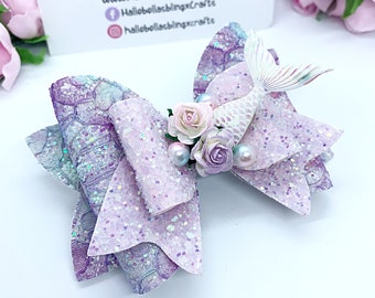 Mermaid lilac sparkly hair bow accessories, mermaid hair accessories, large hair bow, stunning unique hair bow, Pearl embellishments