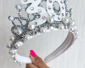 30th Birthday Tiara: Silver, Pearl & Gem Crown Headband