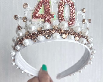 Birthday party crown tiara, 21st 30th 40th birthday crown tiara, tiara Alice band headband, gold and white tiara, party props, girl gifts