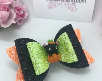 Halloween hair bows, Halloween bow for girls, Halloween cat hair bow, pumpkin cat bow, bows for Halloween, girls Halloween bow