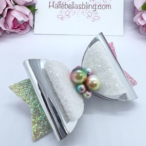 Pastel Rainbow Sparkly Hair Bow with Rainbow Pearls