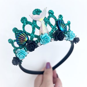 Mermaid Birthday Tiara Crown: Teal Glitter, Seashells & Flowers