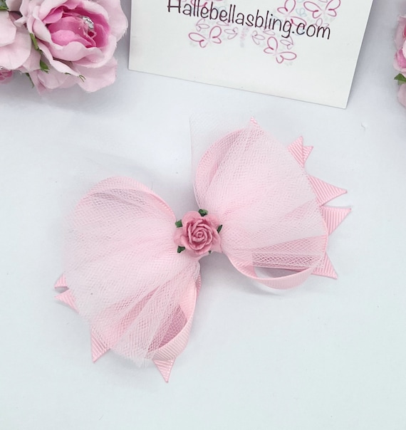 Ballet Hair Bow for Girls in Light Pink Tulle Organza