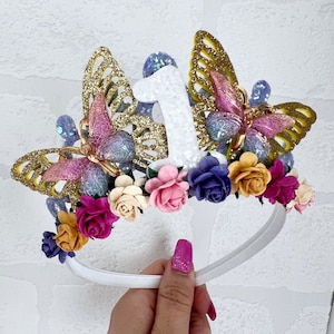 Butterfly Birthday Crown: Glitter Fabric Tiara, Satin Headband
