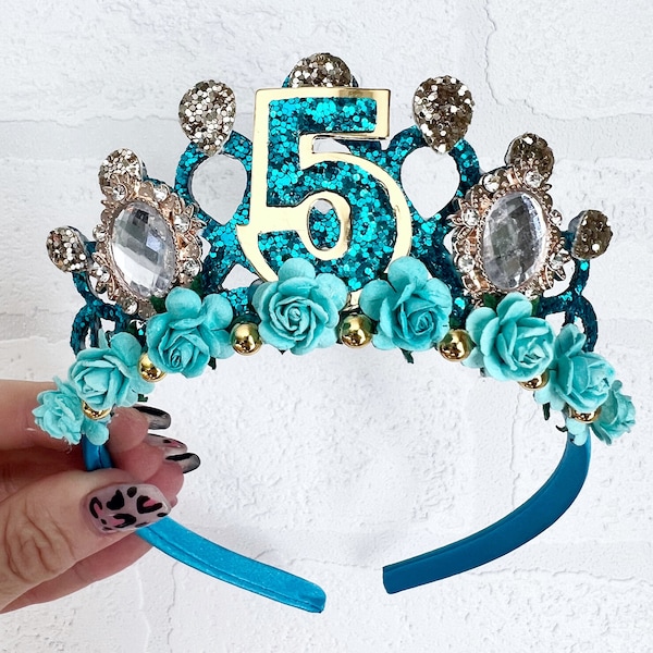 Birthday tiara crown, gold and turquoise Princess birthday crown tiara, fairy tiara Alice band headband, party props, girl gifts