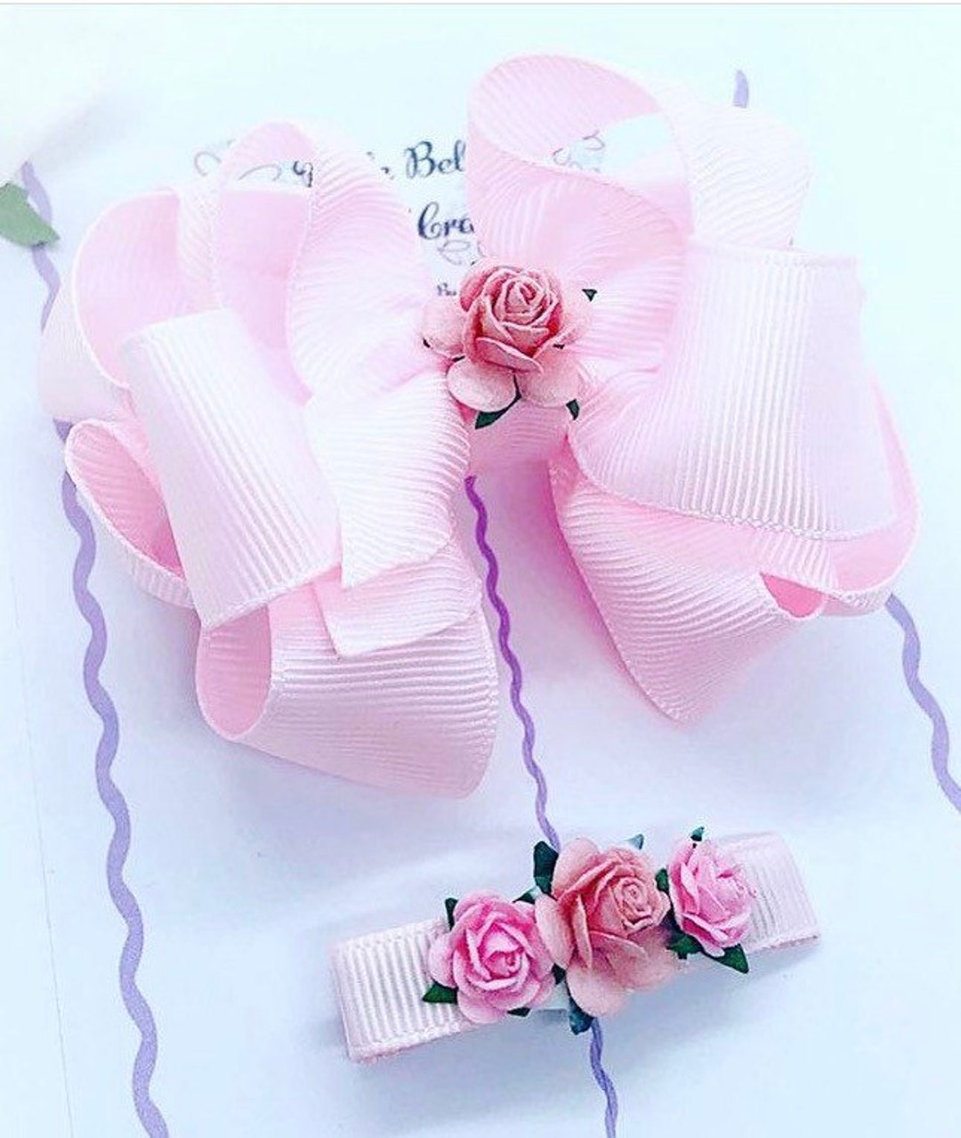 Pink Hair Bow Set, Baby Pink Ribbon Hair Bow, Flower Hair Bow, Girls