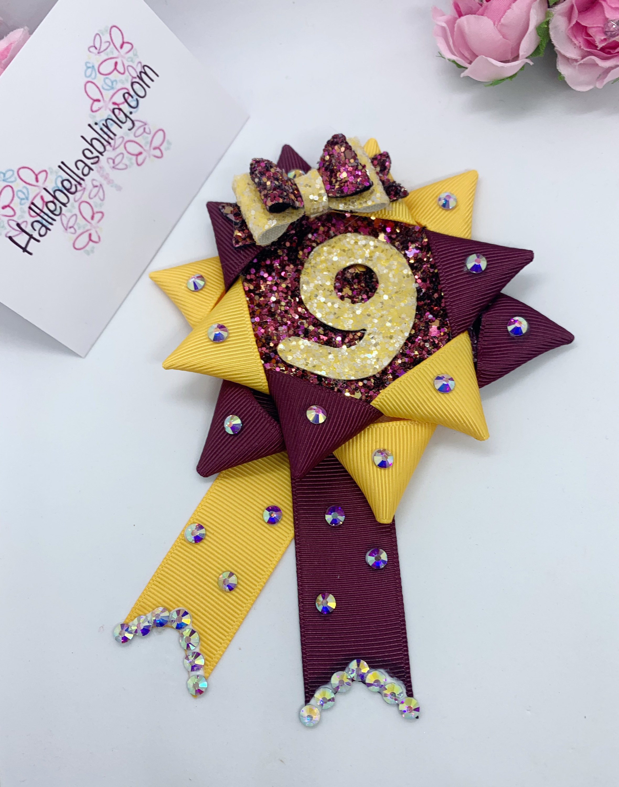 Handmade Birthday Rosette Badge: Yellow & Burgundy Party Prop