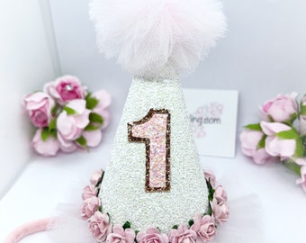 Chapeau d'anniversaire pour fille, or rose, rose et blanc, accessoires photo, chapeau de fête, cadeaux pour fille