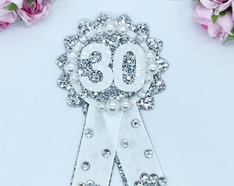 Personalized Birthday Rosette: Glitter Party Badge, Any Age