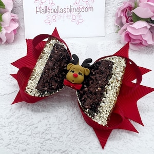 Reindeer Hair Bow: Red & Gold Glitter Christmas Bow
