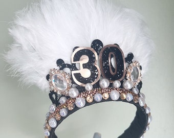 Birthday Tiara Crown: Feather & Pearl 30th Birthday Headband