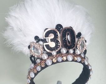 Couronne de diadème d'anniversaire, diadèmes burlesques noirs âge 30, 40, 50, 60 ans diadème d'anniversaire, diadème d'anniversaire à paillettes, diadème d'anniversaire d'âge, cadeaux pour la 30e