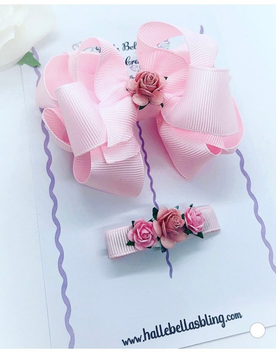 Pink Hair Bow Set, Baby Pink Ribbon Hair Bow, Flower Hair