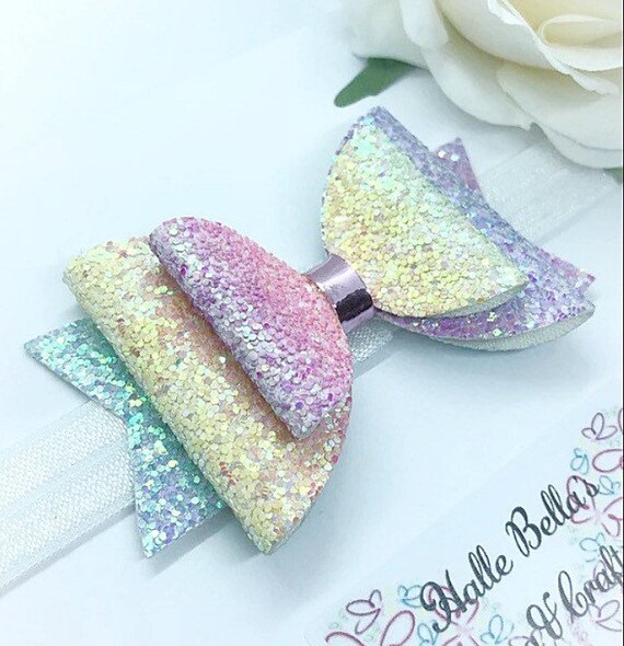 Pastel Rainbow Hair Bow Glitter Fabric Hair Bow Rainbow Etsy