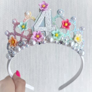 Pastel Rainbow Tiara Crown: Resin Flowers & Pearls Party Headband