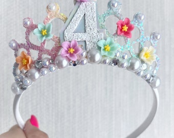 Pastel Rainbow Tiara Crown: Resin Flowers & Pearls Party Headband