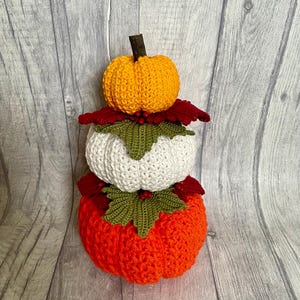 May include: A stack of three crocheted pumpkins, the top one is orange, the middle one is white, and the bottom one is red. Each pumpkin has green leaves and red berries.