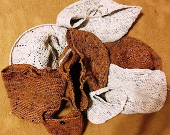 Crocheted recycled plastic tote bags and sun hats