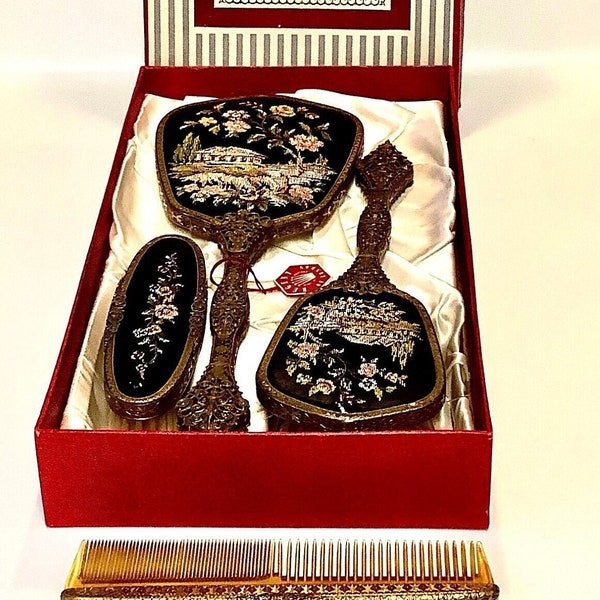 Superb! Never Used. Still in the Original Box with Tissue. REGENT of LONDON 4-Piece Dressing Table Vanity Set with Needle Point Embroidery