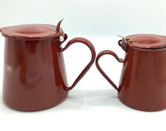 A Pair of Vintage French Jugs with Lids / French Farmhouse Kitchenalia/ Red kitchenware / Quirky Vases / French Home Accessories