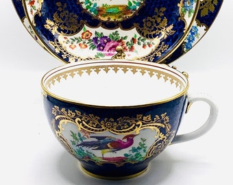 Worcester Booth’s Trio in “Scale Blue” Pattern Featuring Exotic Birds, Flowers and Elaborate Gilding with Exclusive T. Goode Mark