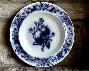Mulberry Blue Botanical Fruit Dish Pattern “Morocco” made by Brown-Westhead, Moore & Co., in Staffordshire England in 1884 / Flow-blue China