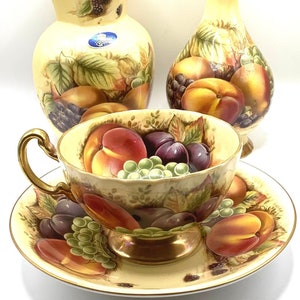 Vintage (Yet as New!) with Original Labels. AYNSLEY ORCHARD GOLD Cup, Saucer, Vase and Bud Vase / Aynsley Fruits Bone China Cabinet Ware
