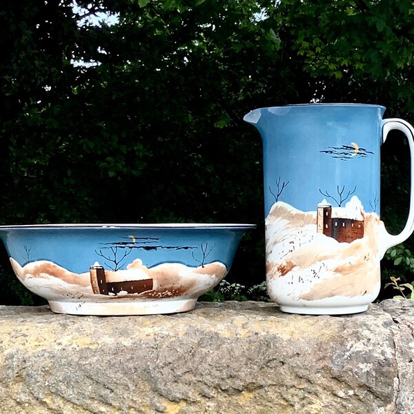 Huge Pottery Ewer & Basin with Naïf Hand-painted Snowy Landscape made in England / Antique Staffordshire Pitcher and Bowl / Art Nouveau Set