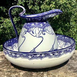 Large Antique 1880’s  DOULTON BURSLEM Art Nouveau Ewer & Basin / Arts and Crafts Pitcher and Bowl / Antique English Bathroom Accessories
